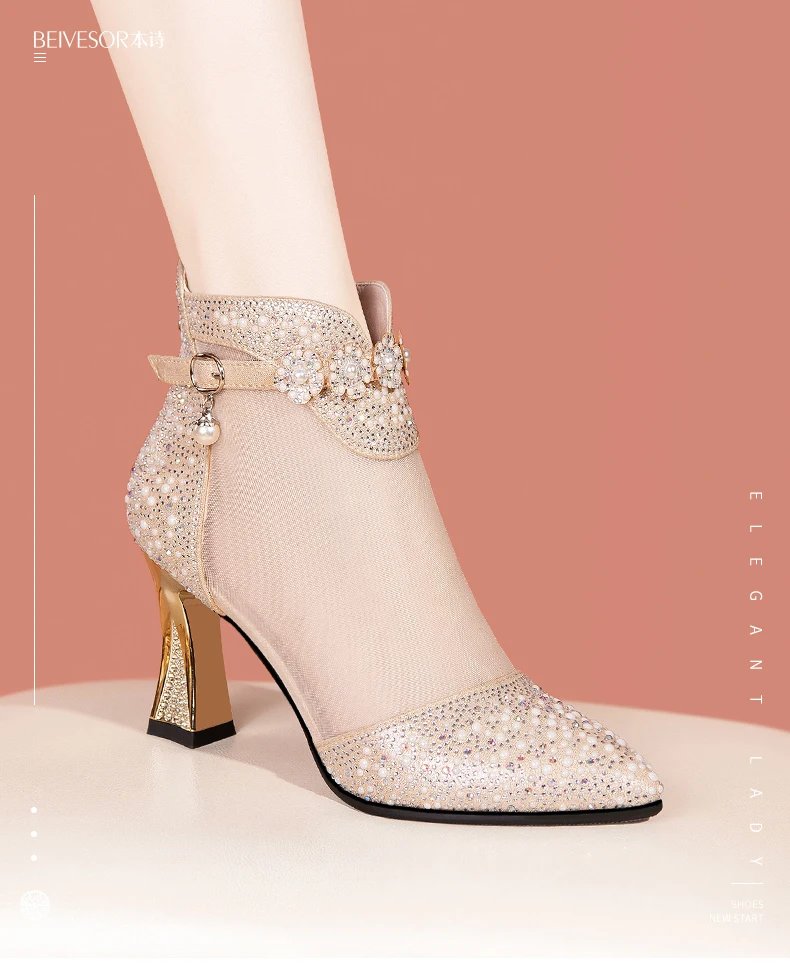 Summer New Sexy Pointed Toe Thick Heels High Heels Women Baotou Hollow Breathable Mid - Top Rear Zipper Women ' S Sandals