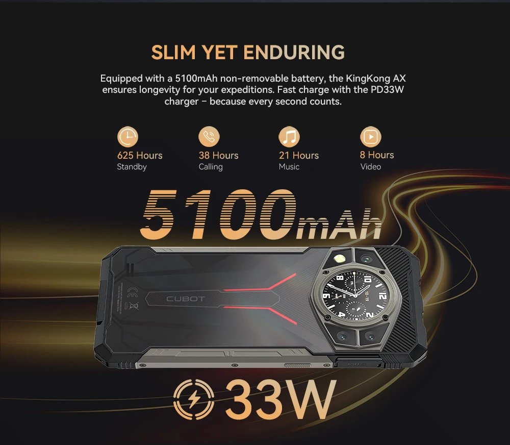 Cubot KINGKONG AX, Ultra-thin Rugged Smartphone Android 14, Helio G99, 24GB RAM(12+12GB), 256GB ROM, 120Hz Screen, 100MP, NFC