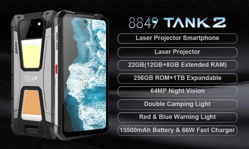 In Stock 8849 Tank 2 by Unihertz Projector Rugged Smartphone 22GB 256GB Cellphone 108MP G99 Night Vision IP68 Mobile Phone