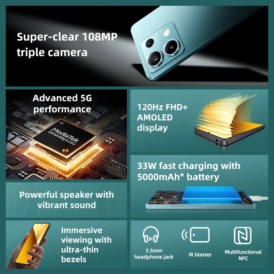 [World Premiere] Global Version Xiaomi Redmi Note 13 5G NFC 108MP Camera 6nm Dimensity 6080 Smartphone 33W Charging 120Hz AMOLED