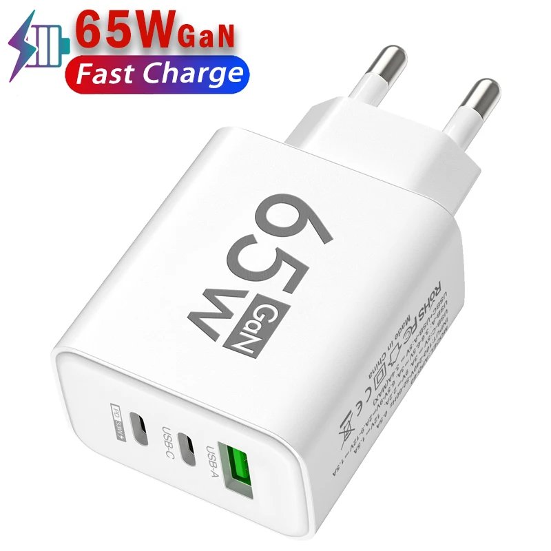 65W 3 Ports GaN USB PD Charger Fast Charging Type C Mobile Phone Adapter Quick Charger 3.0 For iPhone 15 Samsung Xiaomi Huawei