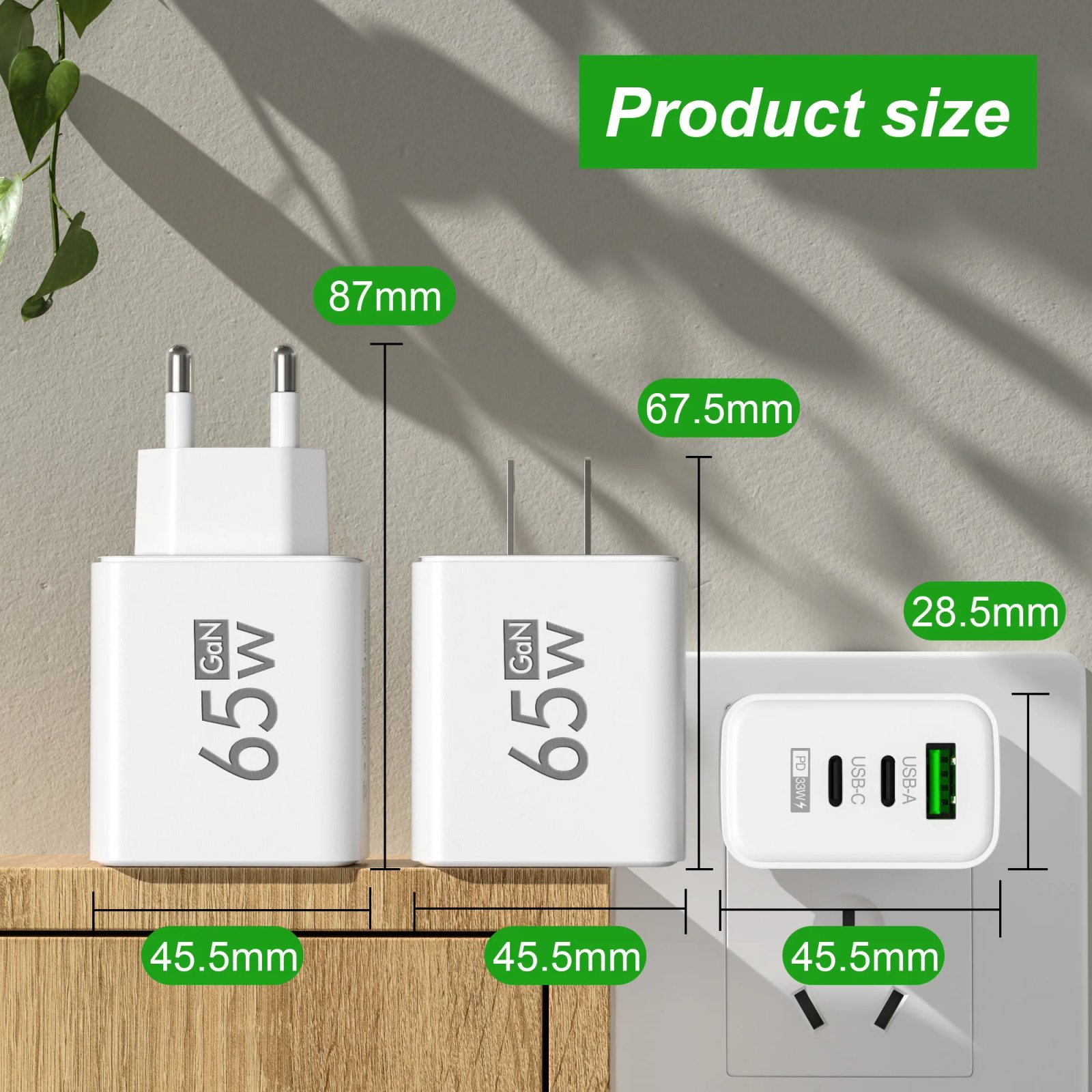65W 3 Ports GaN USB PD Charger Fast Charging Type C Mobile Phone Adapter Quick Charger 3.0 For iPhone 15 Samsung Xiaomi Huawei