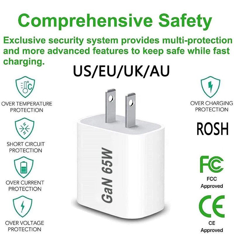 PD 65W USB Charger Fast Charging Type C Mobile Phone Adapter For iPhone 15 Huawei Quick Charge 3.0 EU/US/AU/UK Plug Wall Charger