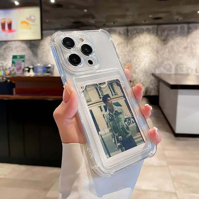 Transparent Card Slot Bag Holder Phone Case For iPhone 15 14 13 12 11 Pro Max 14Plus Clear Wallet Silicone Shockproof Back Cover
