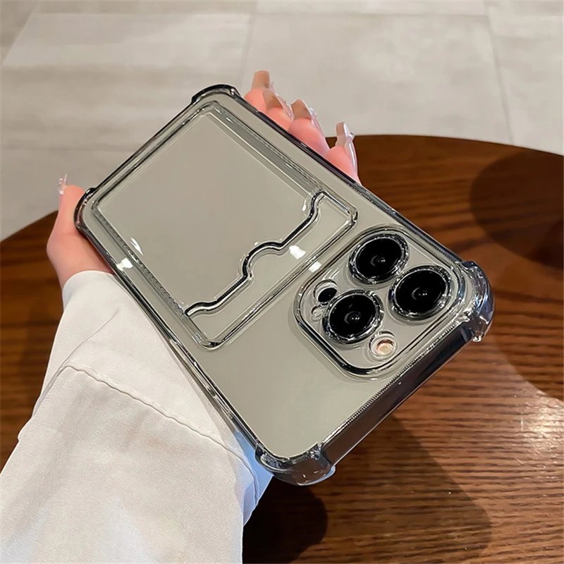 Transparent Card Slot Bag Holder Phone Case For iPhone 15 14 13 12 11 Pro Max 14Plus Clear Wallet Silicone Shockproof Back Cover