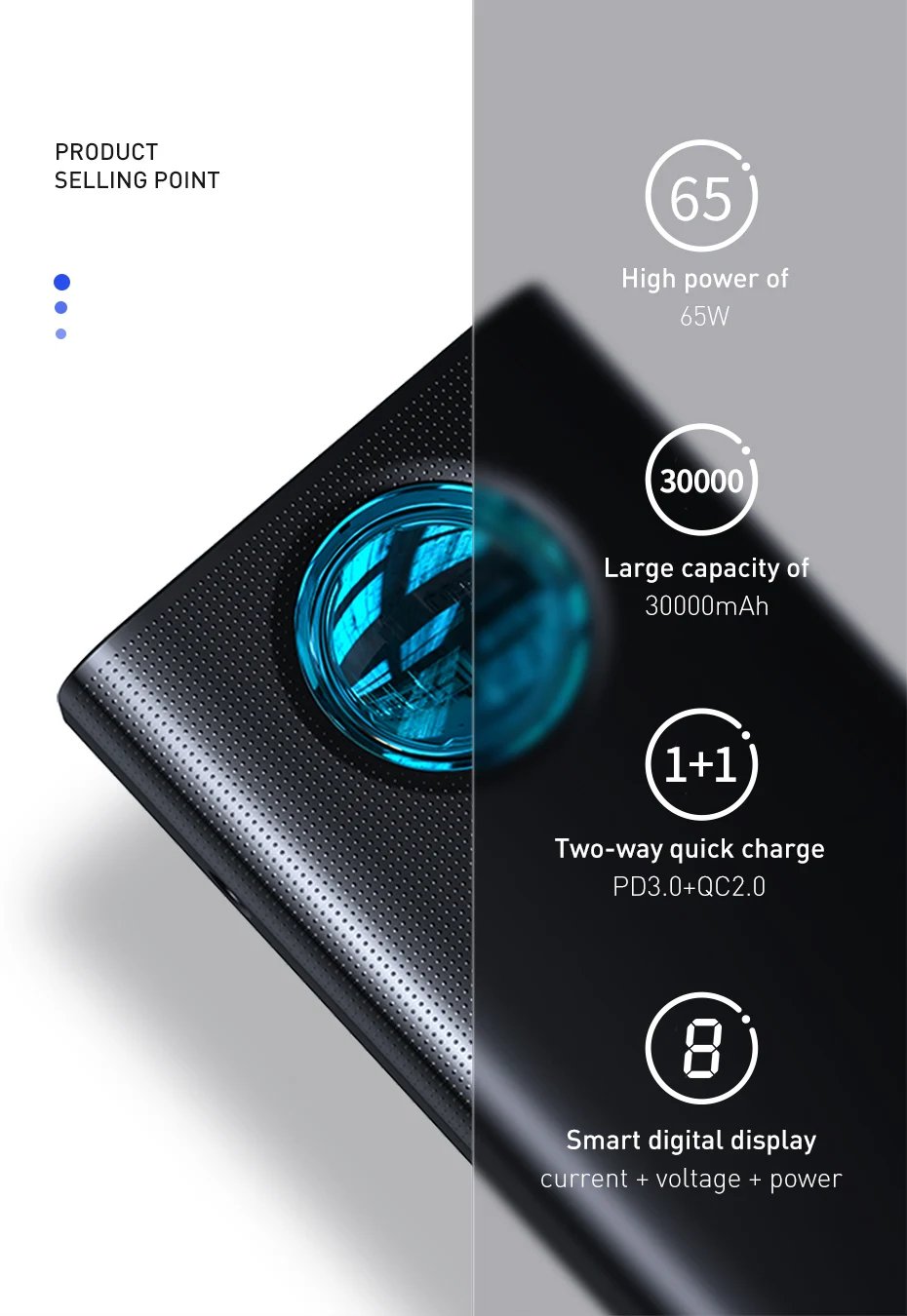 65W Power Bank 30000mAh PD Quick Charge FCP SCP Powerbank Portable External Charger For Smartphone Laptop Tablet