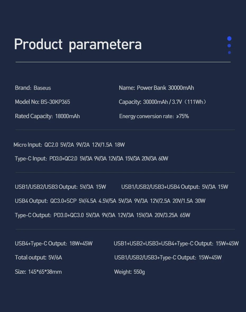 65W Power Bank 30000mAh PD Quick Charge FCP SCP Powerbank Portable External Charger For Smartphone Laptop Tablet