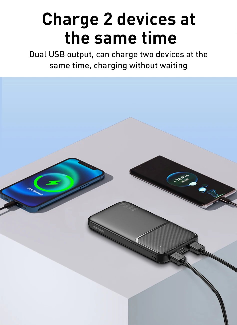 Rocoren Power Bank 10000mAh Portable Charger External Battery PoverBank 10000 Fast Charging Powerbank For iPhone Xiaomi mi POCO