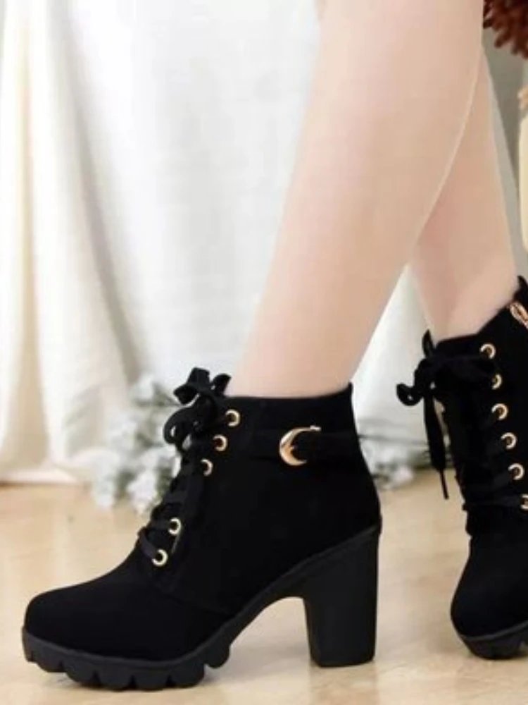 Winter High Heeled Women Boots Cross Straps Short Boots Comfortable Waterproof Boots Warm Plus Size 42 Botas Femininas Winter High Heeled Women Boots Cross Straps Short Boots Comfortable Waterproof Boots Warm Plus Size 42 Botas Femininas