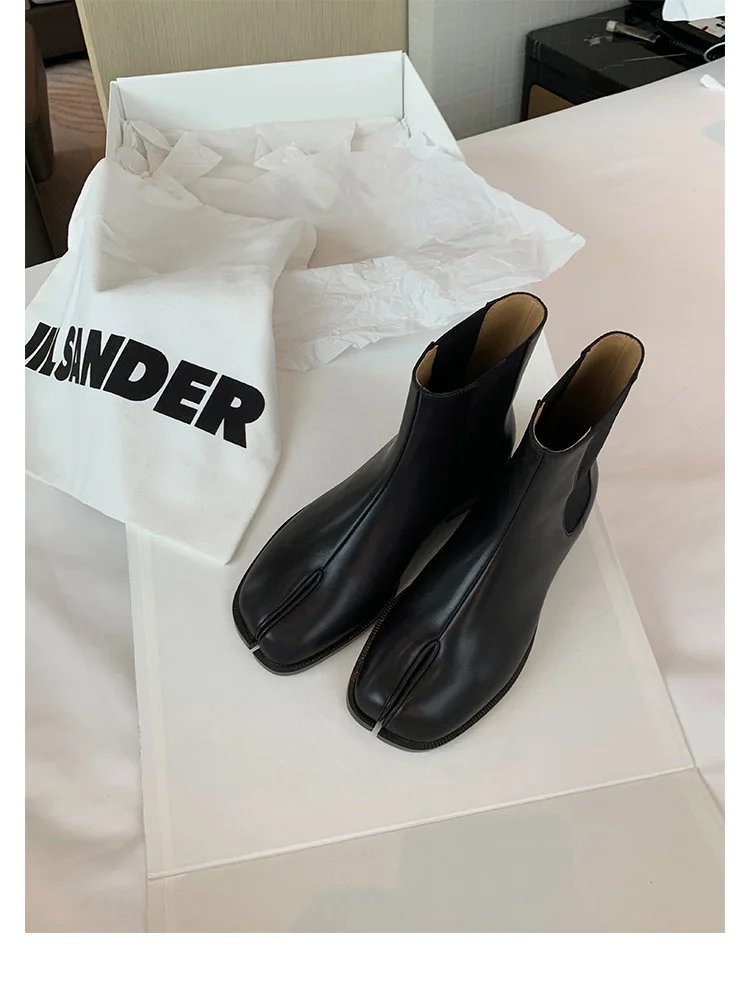 Retro Split Toe Ankle Boots Woman Shiny&Matte Leather Shoes Tabi Ninja Chelsea Botas Mujer Low Heels Trotters Booties Winter