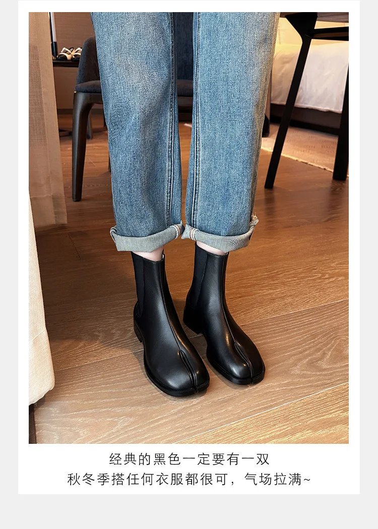 Retro Split Toe Ankle Boots Woman Shiny&Matte Leather Shoes Tabi Ninja Chelsea Botas Mujer Low Heels Trotters Booties Winter