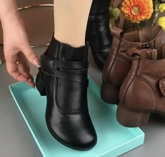 New Fashion Strappy Boots Woman Winter 2023 Shoes for Women Autumn Leather Ankle Boots Hook Loop Booties Ladies Green Retro Shoe