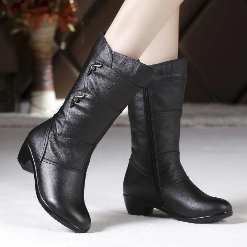 Fashion Middle Boots for Women Outdoor Anti Slip Boot Zipper Waterproof Leather Boots 2023 New Women&lsquo;s Winter Boots Botas Mujer