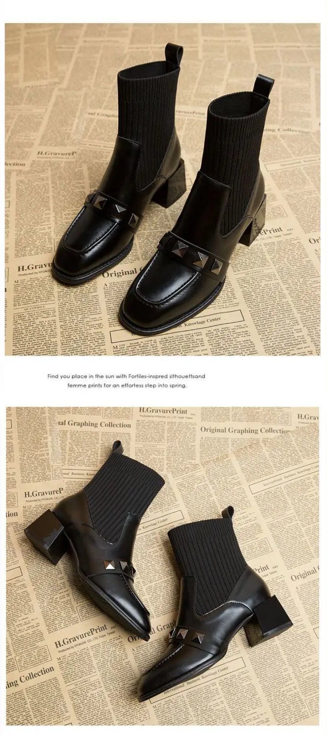 Women Elastic Sock Boots Boots Female Autumn Winter 2024 New Square Toe Short Boots Slip-On  Fashion Ankle Boots Botas De Mujer