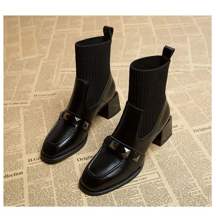 Women Elastic Sock Boots Boots Female Autumn Winter 2024 New Square Toe Short Boots Slip-On  Fashion Ankle Boots Botas De Mujer
