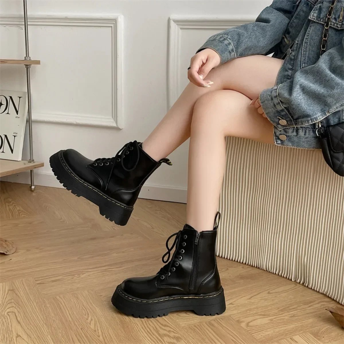 Women Martin Boots Casual Shoes Woman Leather Chelsea Ladie Classic Punk Female Goth Shoes High Platform Boots Women Botas Mujer