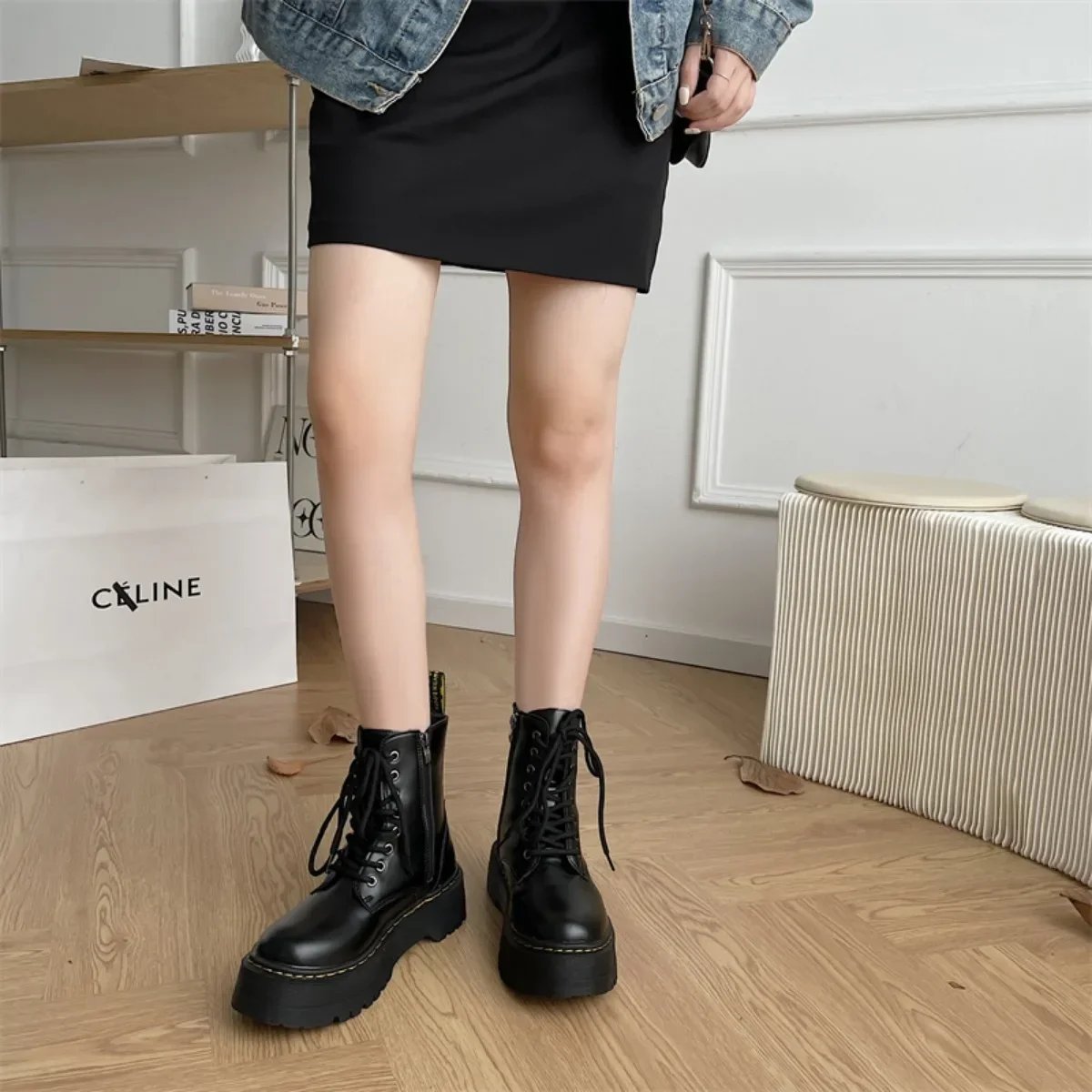 Women Martin Boots Casual Shoes Woman Leather Chelsea Ladie Classic Punk Female Goth Shoes High Platform Boots Women Botas Mujer