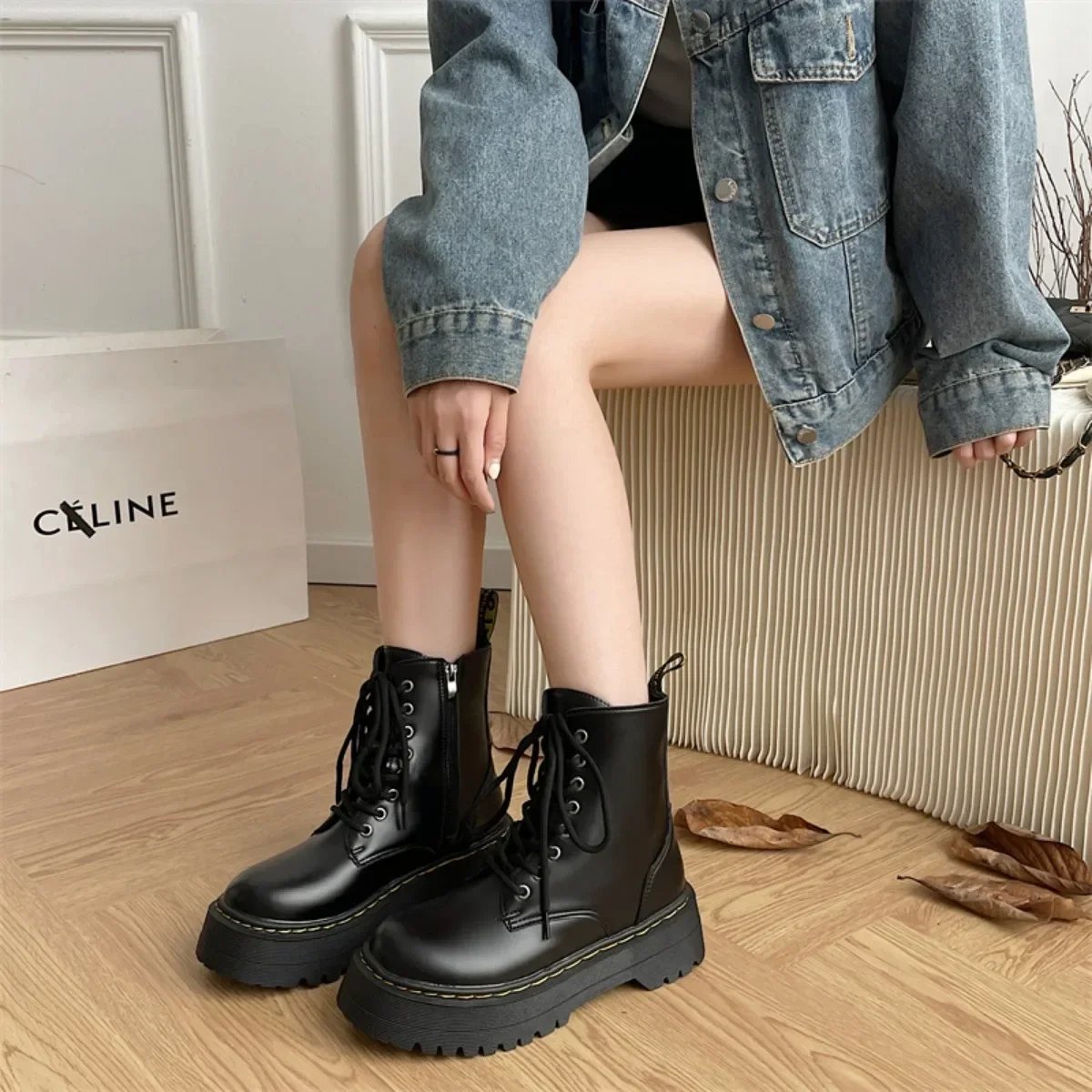 Women Martin Boots Casual Shoes Woman Leather Chelsea Ladie Classic Punk Female Goth Shoes High Platform Boots Women Botas Mujer