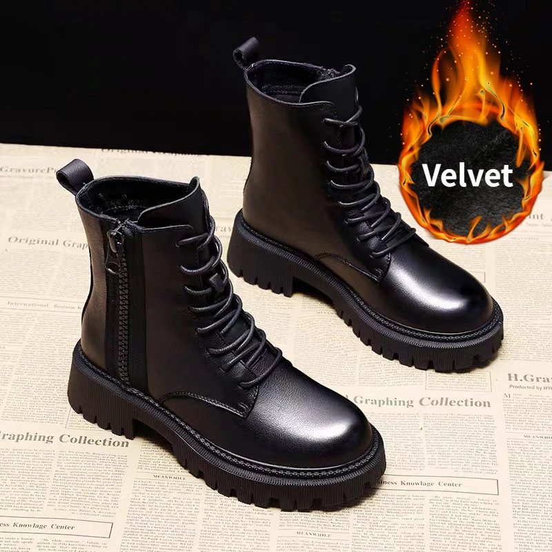 Autumn and Winter Black Women's Boots Fashion Wear Resistant Women's Shoes Adding Cotton Zipper Women Boots