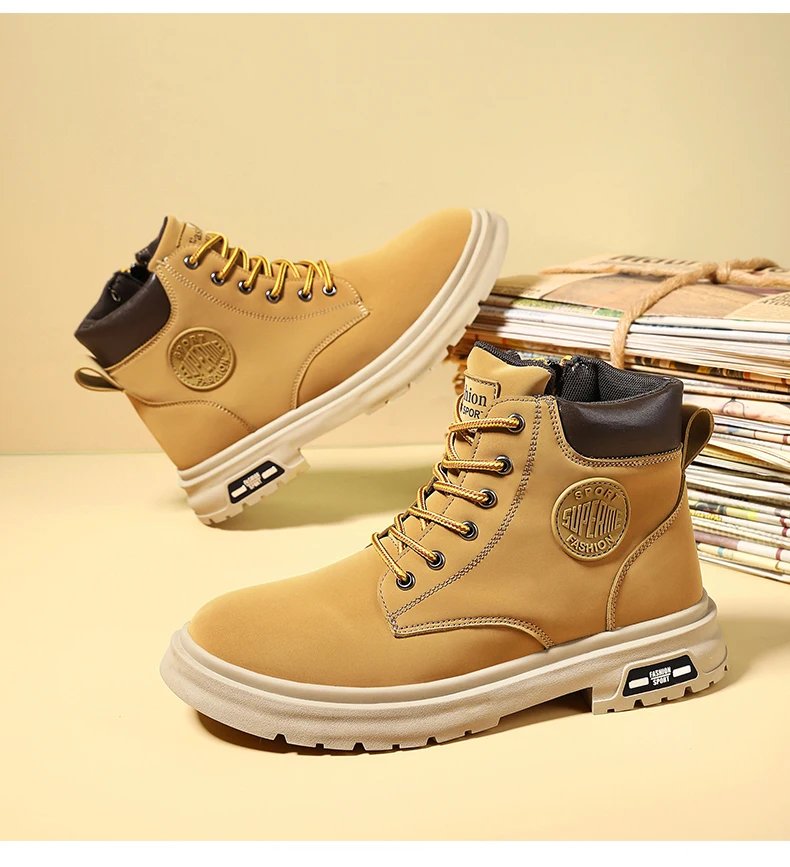 Boots Men High Top Boots Men's Leather Shoes Winter Fashion Plush Warm Shoes Outdoor Sneakers Lace Up Non-Slip Ankle Boots Male