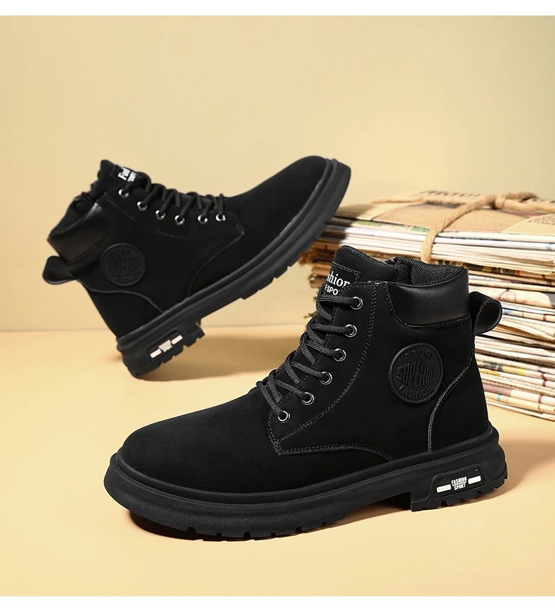 Boots Men High Top Boots Men's Leather Shoes Winter Fashion Plush Warm Shoes Outdoor Sneakers Lace Up Non-Slip Ankle Boots Male