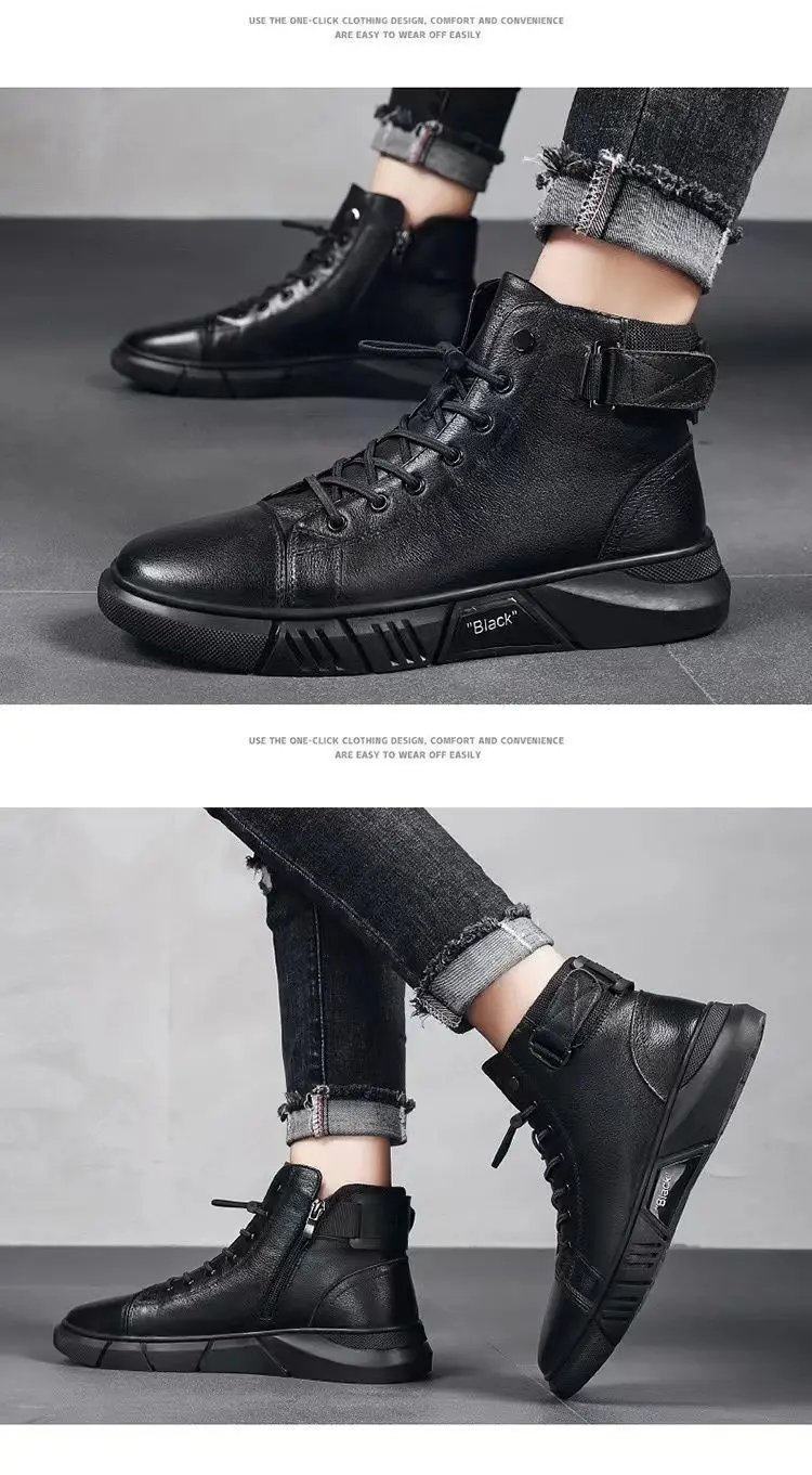 Ankle Boots Black PU Leather Men's Sports Shoes Autumn Winter Comfortable High-top Casual Fashion Platform Boots Man Round Head