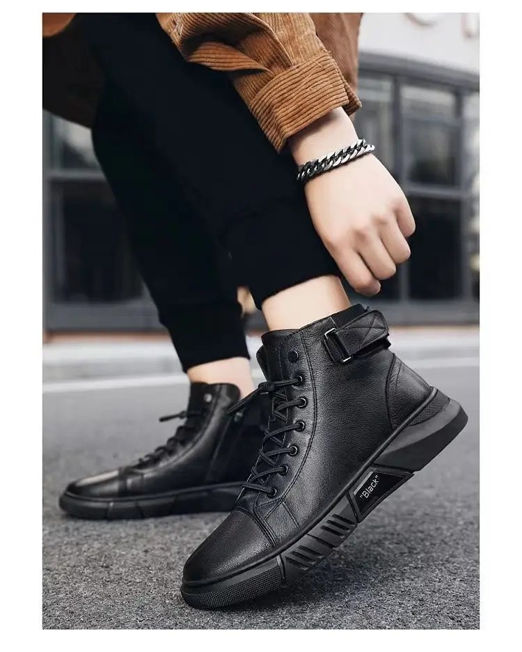 Ankle Boots Black PU Leather Men's Sports Shoes Autumn Winter Comfortable High-top Casual Fashion Platform Boots Man Round Head