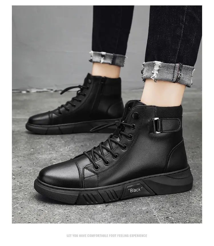 Ankle Boots Black PU Leather Men's Sports Shoes Autumn Winter Comfortable High-top Casual Fashion Platform Boots Man Round Head