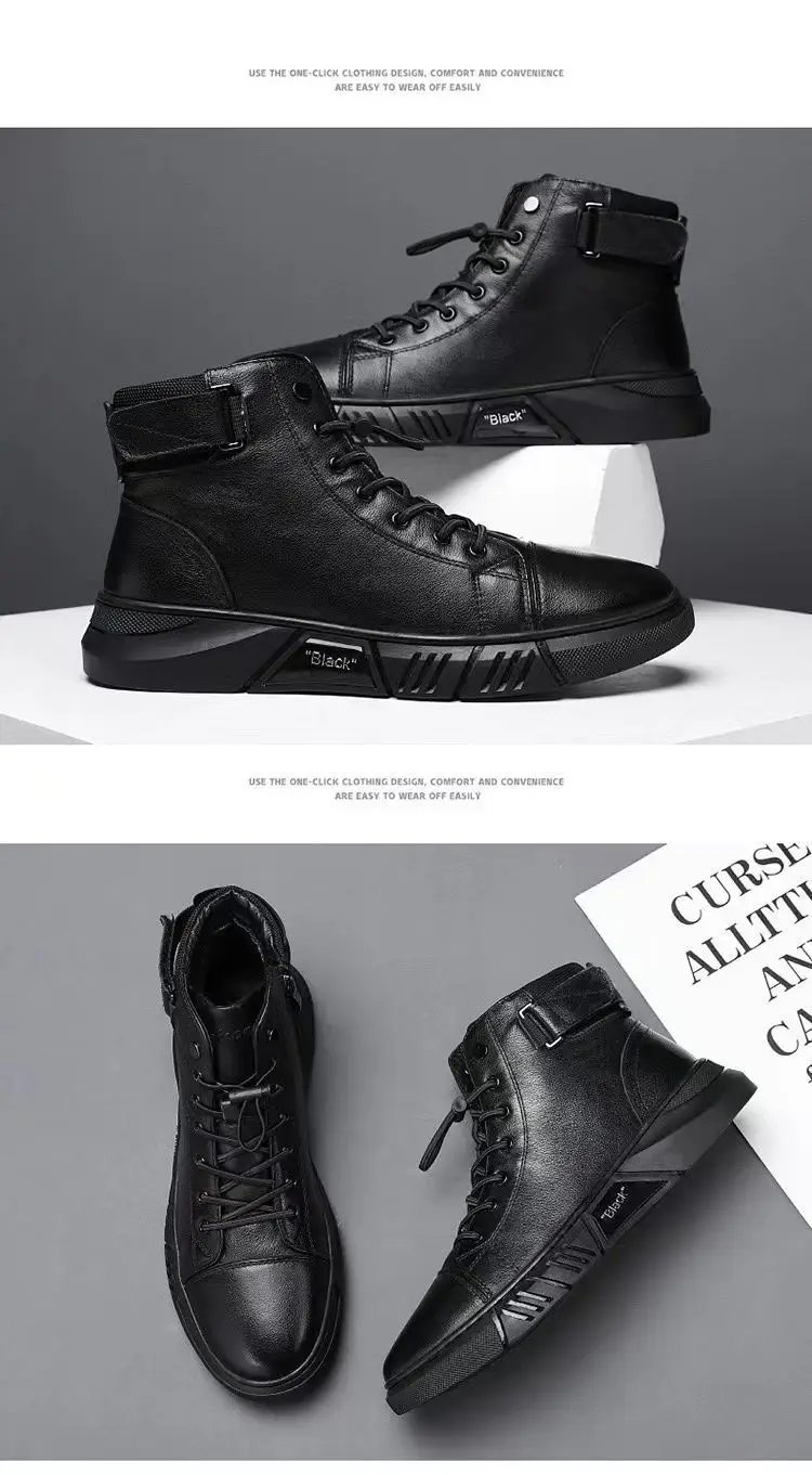 Ankle Boots Black PU Leather Men's Sports Shoes Autumn Winter Comfortable High-top Casual Fashion Platform Boots Man Round Head