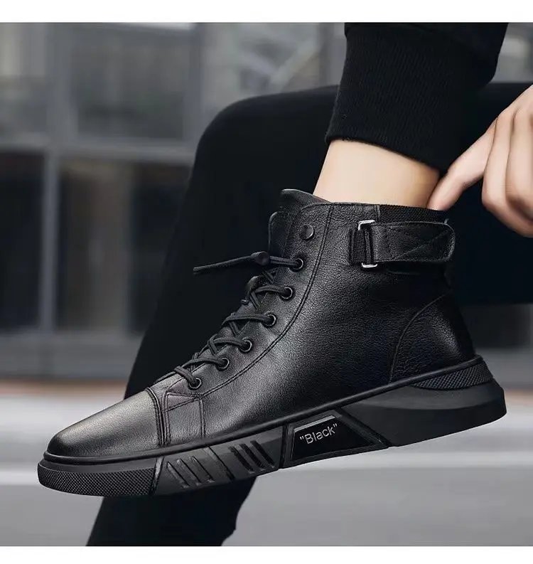 Ankle Boots Black PU Leather Men's Sports Shoes Autumn Winter Comfortable High-top Casual Fashion Platform Boots Man Round Head