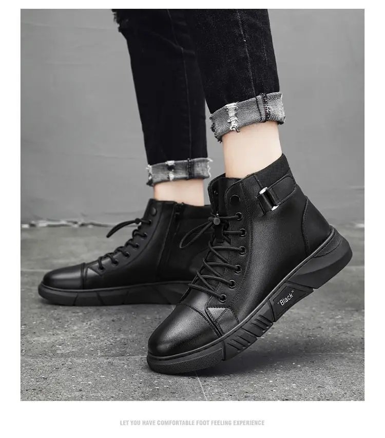 Ankle Boots Black PU Leather Men's Sports Shoes Autumn Winter Comfortable High-top Casual Fashion Platform Boots Man Round Head