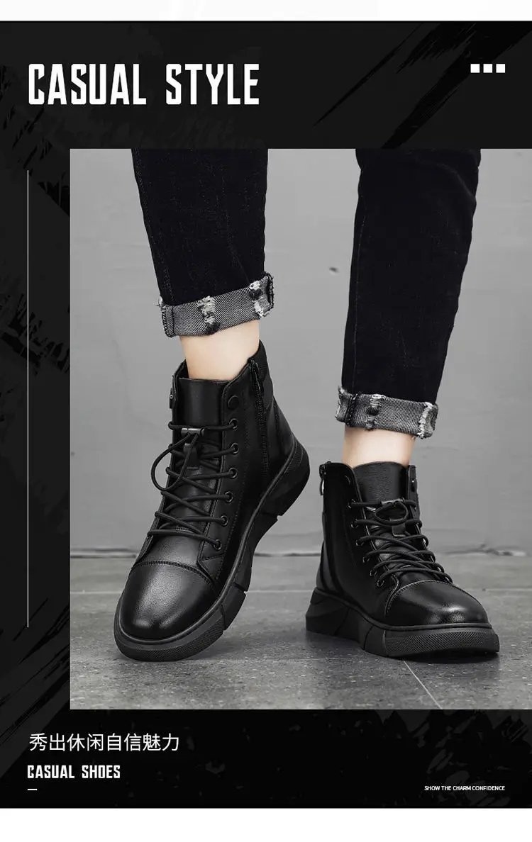 Ankle Boots Black PU Leather Men's Sports Shoes Autumn Winter Comfortable High-top Casual Fashion Platform Boots Man Round Head