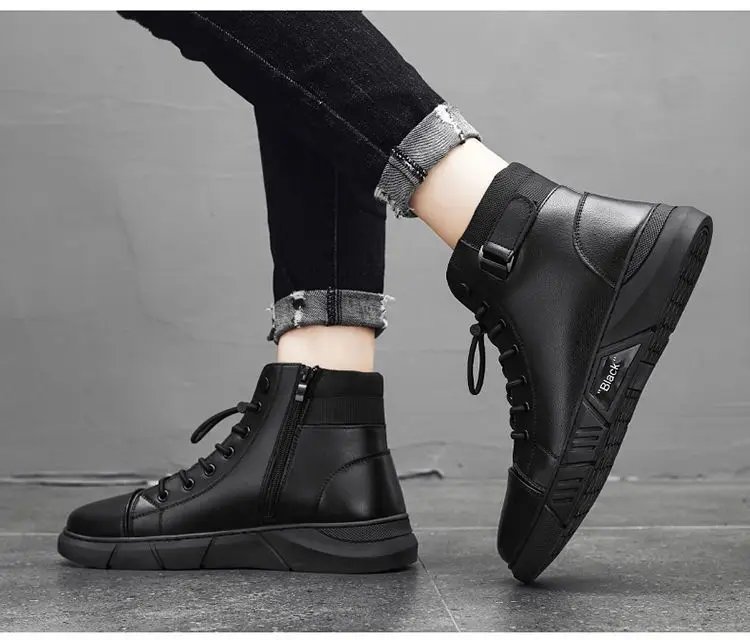 Ankle Boots Black PU Leather Men's Sports Shoes Autumn Winter Comfortable High-top Casual Fashion Platform Boots Man Round Head