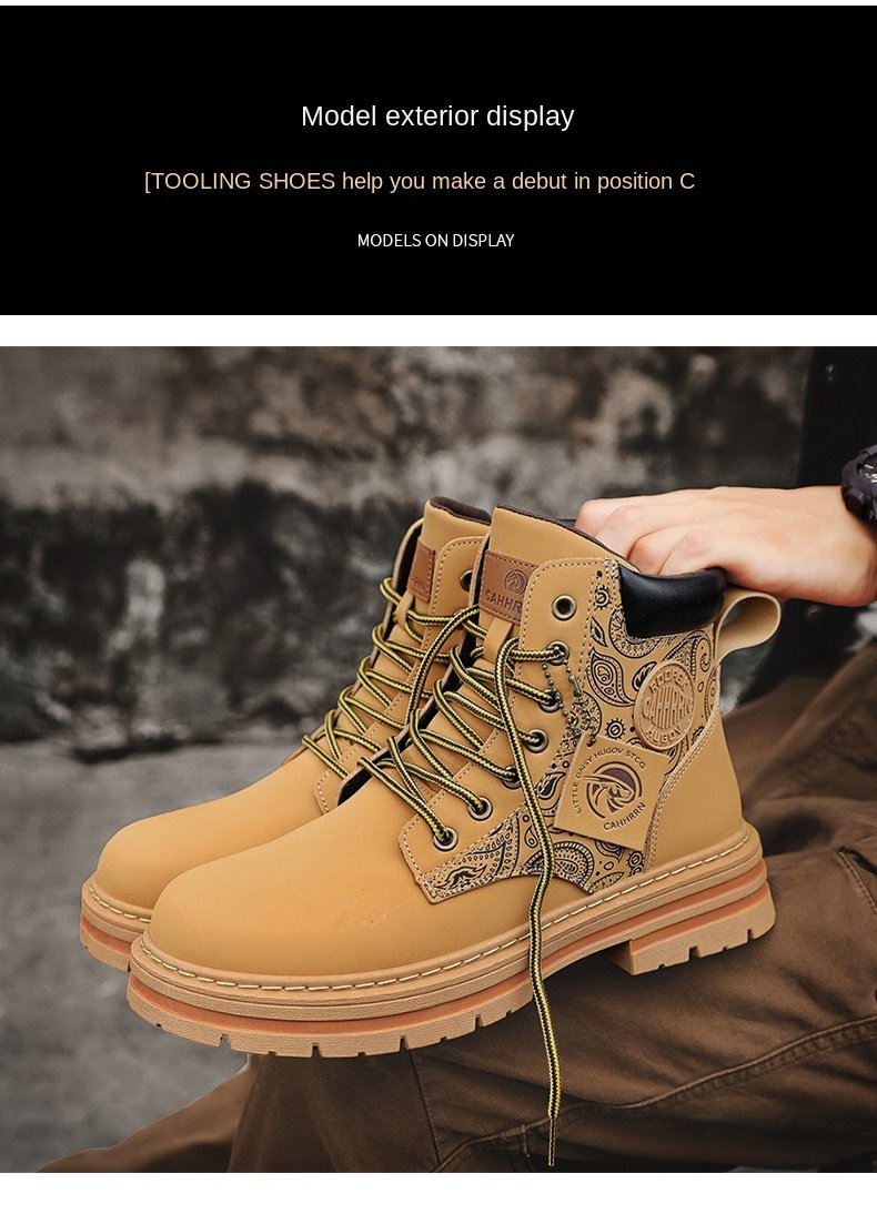 Men Fashion Martins Boots Yellow Luxury Brand Daily Casual Mens Motorcycle Boots High Ankle Walking Shoes Martin Leather Boots