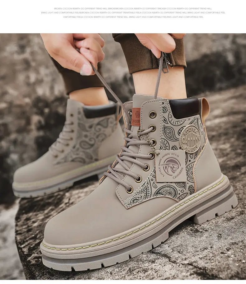 Men Fashion Martins Boots Yellow Luxury Brand Daily Casual Mens Motorcycle Boots High Ankle Walking Shoes Martin Leather Boots