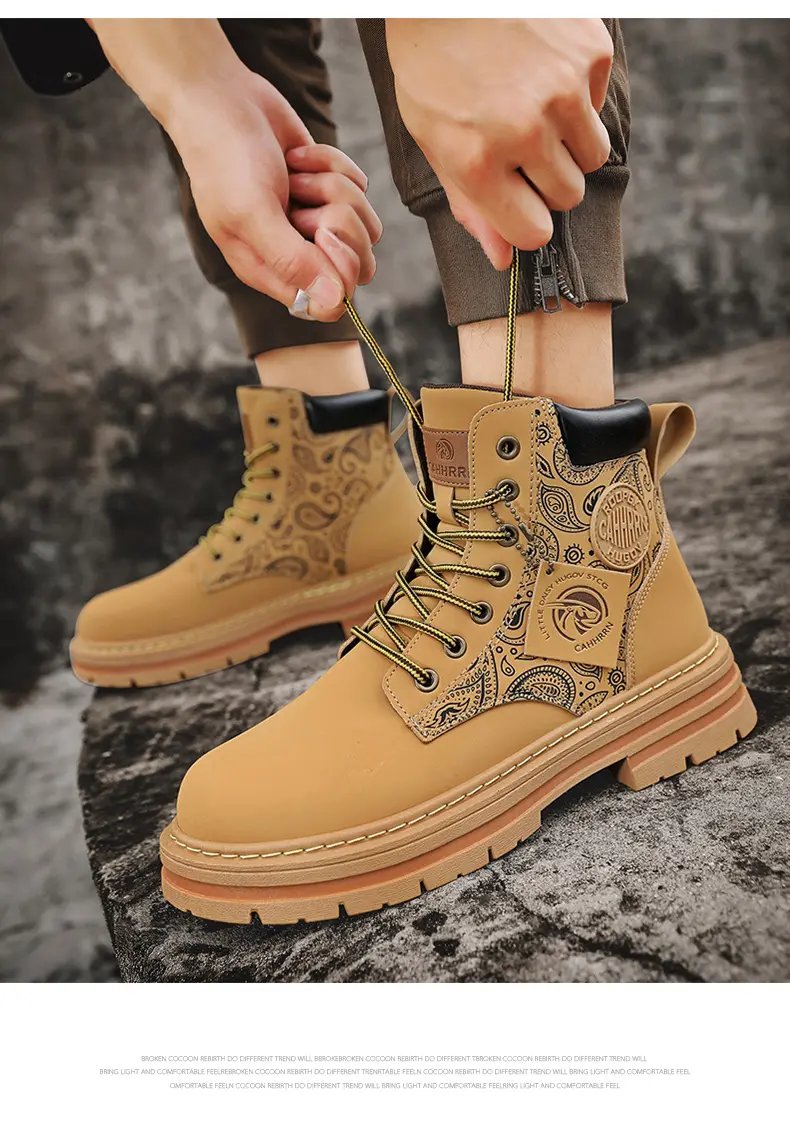 Men Fashion Martins Boots Yellow Luxury Brand Daily Casual Mens Motorcycle Boots High Ankle Walking Shoes Martin Leather Boots