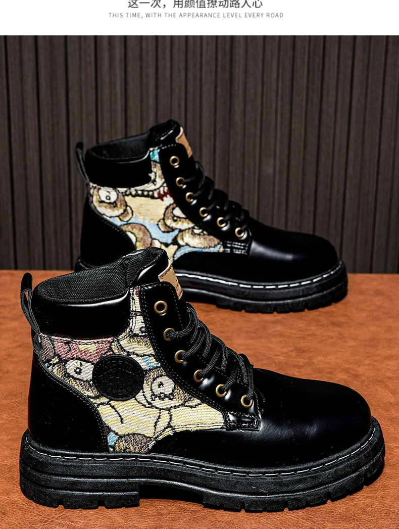 Mens Martin Boots Winter Mens Plush Graffiti Snow Shoes PU Leather Ankle Boots Vintage Style Outdoor Leisure Fall Shoes Lace Up Mens Martin Boots Winter Mens Plush Graffiti Snow Shoes PU Leather Ankle Boots Vintage Style Outdoor Leisure Fall Shoes Lace Up