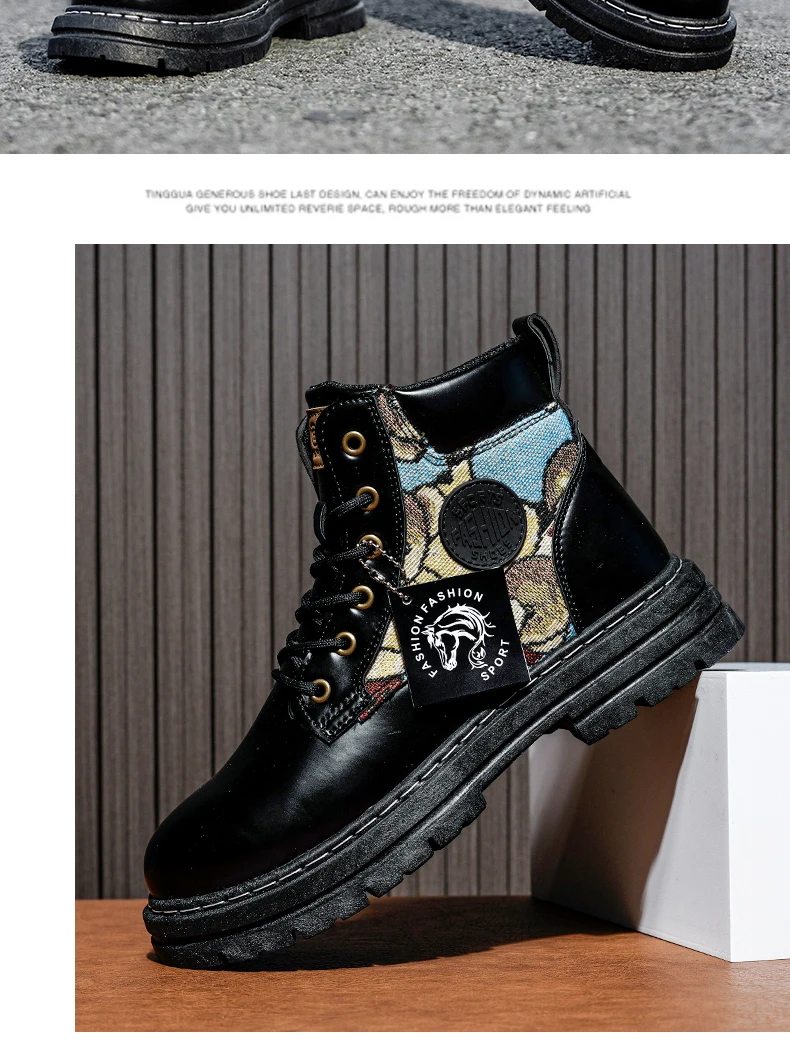 Mens Martin Boots Winter Mens Plush Graffiti Snow Shoes PU Leather Ankle Boots Vintage Style Outdoor Leisure Fall Shoes Lace Up Mens Martin Boots Winter Mens Plush Graffiti Snow Shoes PU Leather Ankle Boots Vintage Style Outdoor Leisure Fall Shoes Lace Up