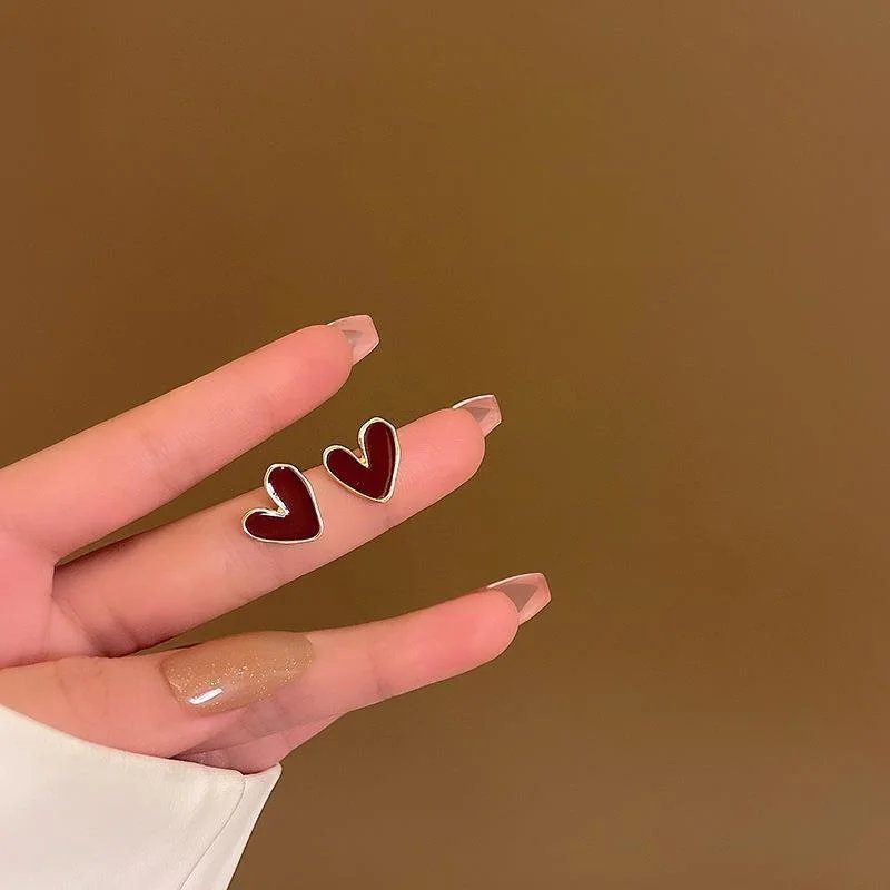 Cute Korean Earrings Heart Bling Zircon Vintage Dark Green Versatile Gold Color Earring for Women Fashion Jewelry 2023 New Gift