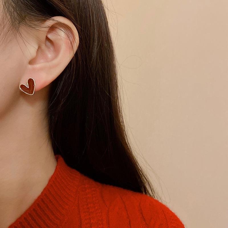 Cute Korean Earrings Heart Bling Zircon Vintage Dark Green Versatile Gold Color Earring for Women Fashion Jewelry 2023 New Gift