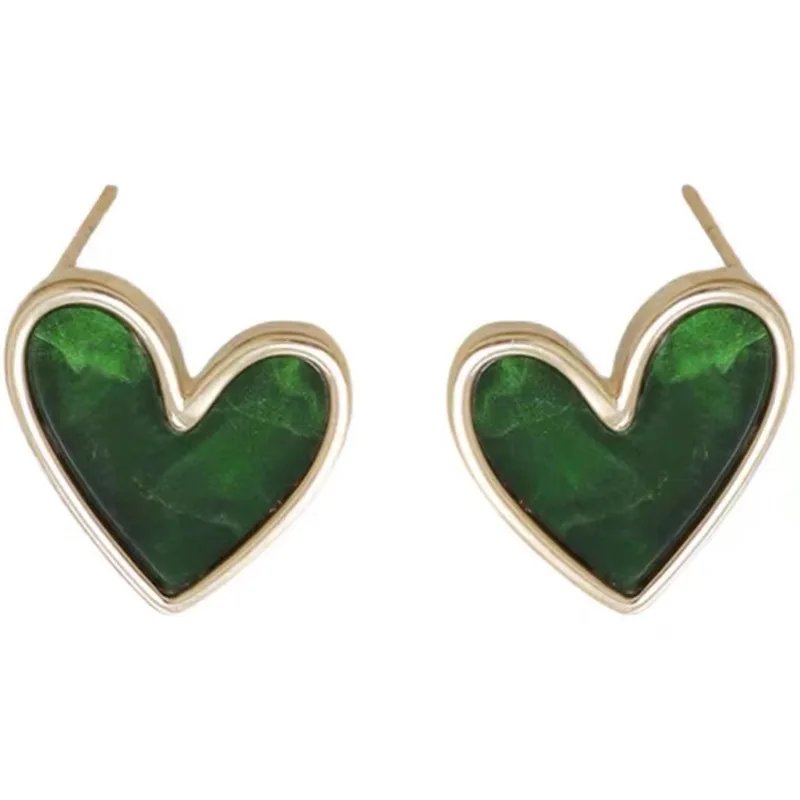 Cute Korean Earrings Heart Bling Zircon Vintage Dark Green Versatile Gold Color Earring for Women Fashion Jewelry 2023 New Gift