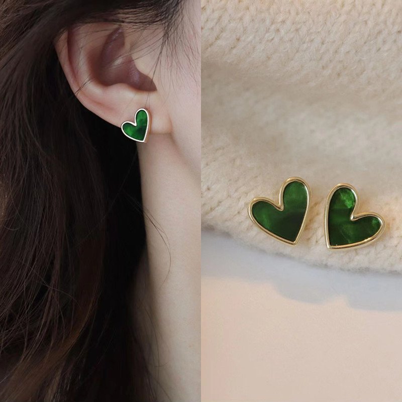 Cute Korean Earrings Heart Bling Zircon Vintage Dark Green Versatile Gold Color Earring for Women Fashion Jewelry 2023 New Gift