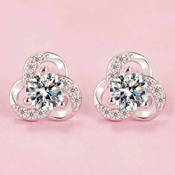 925 Sterling Silver Female Luxury Crystal Round Stud Earrings Vintage Wedding Jewelry White Zircon Stone Earrings Wholesale