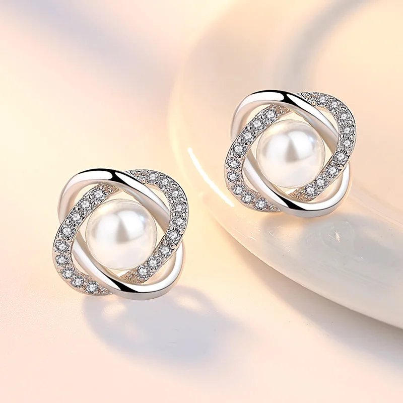 925 Sterling Silver Female Luxury Crystal Round Stud Earrings Vintage Wedding Jewelry White Zircon Stone Earrings Wholesale