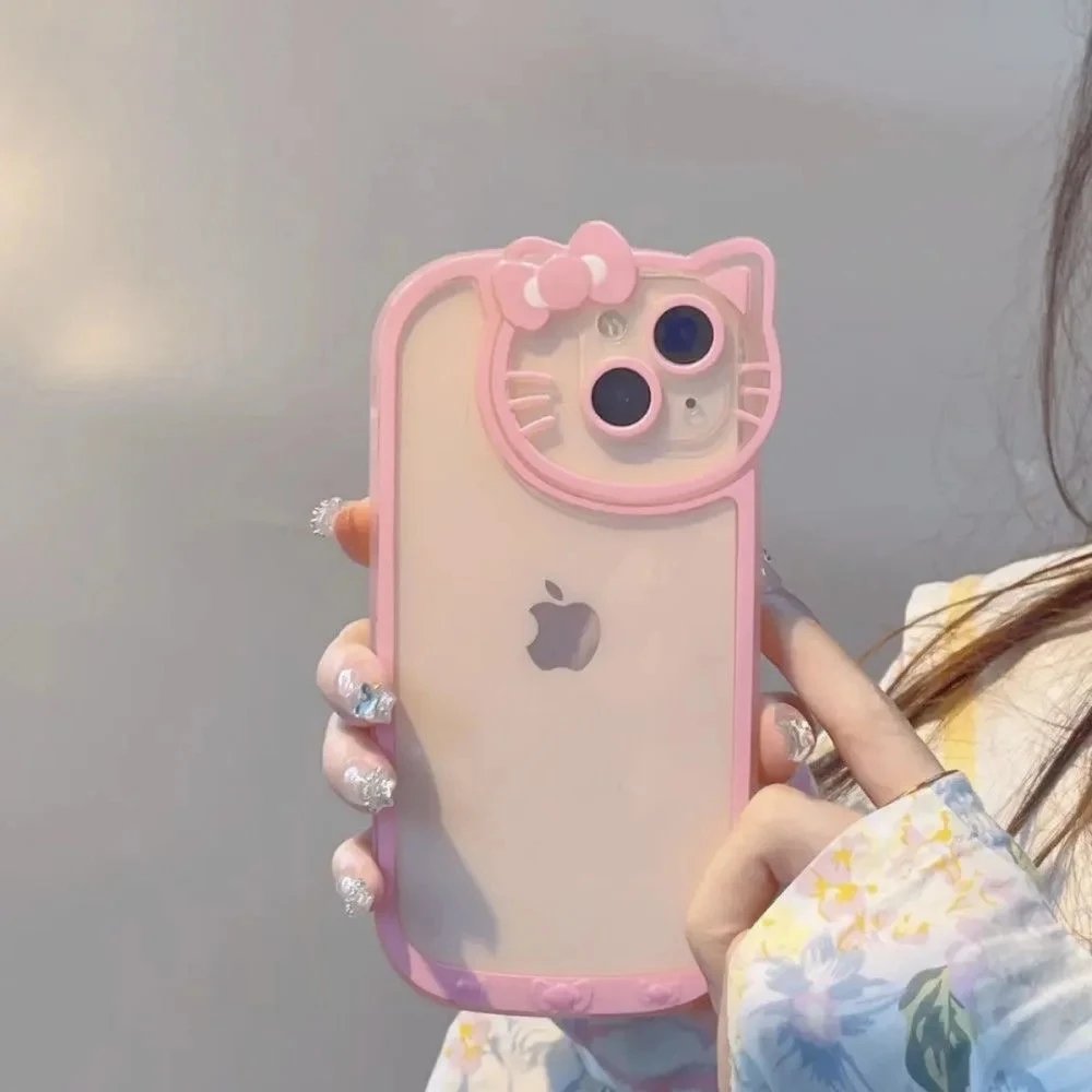 Hello Kitty KT Head Makeup Mirror Phone Case For iPhone16 15 14 13 Pro Max 11 12 13 Pro X XR 7 8 Plus Girl Pink Y2K Kawaii Cover
