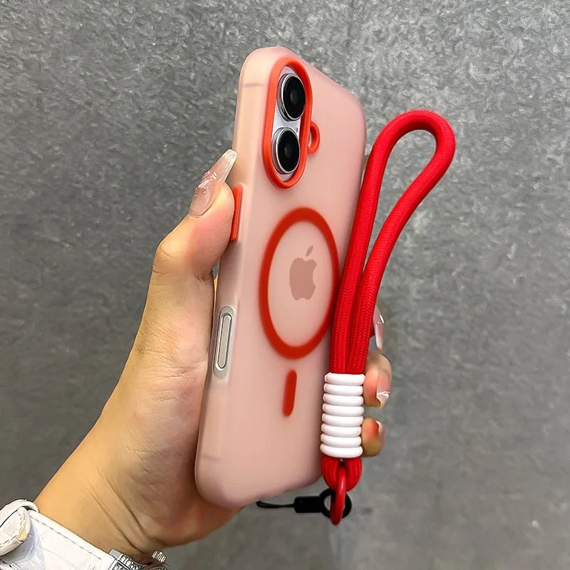 for Magsafe Candy Color Contrast Lanyard Case for iPhone 16 15 Pro Max 14 Plus 11 12 13 16e Hand Wrist Strap Matte Soft Cover
