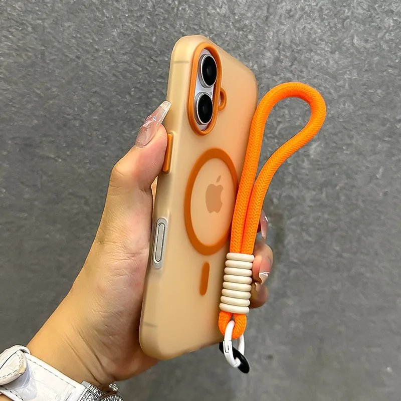 for Magsafe Candy Color Contrast Lanyard Case for iPhone 16 15 Pro Max 14 Plus 11 12 13 16e Hand Wrist Strap Matte Soft Cover