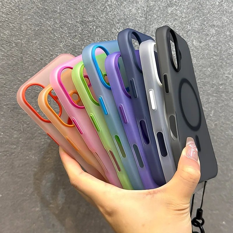 for Magsafe Candy Color Contrast Lanyard Case for iPhone 16 15 Pro Max 14 Plus 11 12 13 16e Hand Wrist Strap Matte Soft Cover