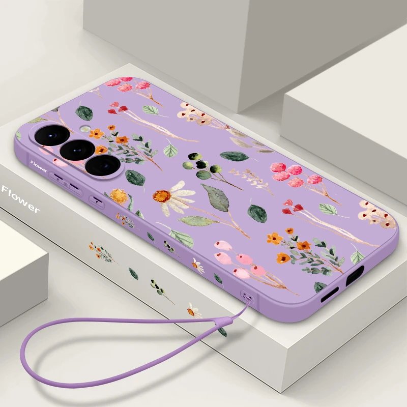Luxury Flower Print Lanyard Case For Samsung Galaxy A55 A54 5G A35 A25 A15 A14 A34 A52 S21 FE S22 S23 S24 Ultra Silicone Cover