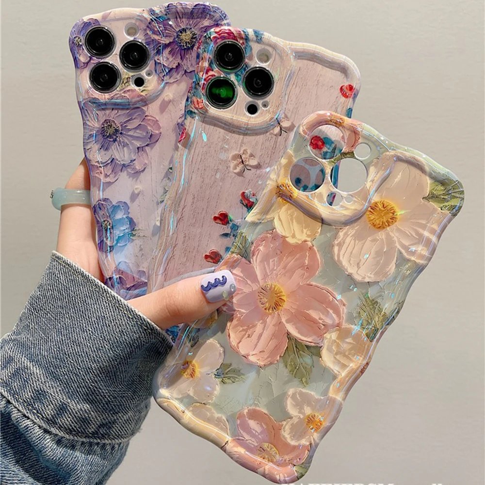 Retro Oil Painting Phone Case For iPhone 13 14 15 16 ProMax 12 11 Luxury Flower Print Shockproof Silicone Cover Artistic Decor
